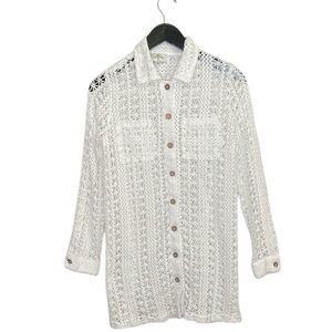 PALMS AWAY WOMENS WHITE LONG SLEEVE CROCHETED BUTTON UP SHIRT SIZE XS